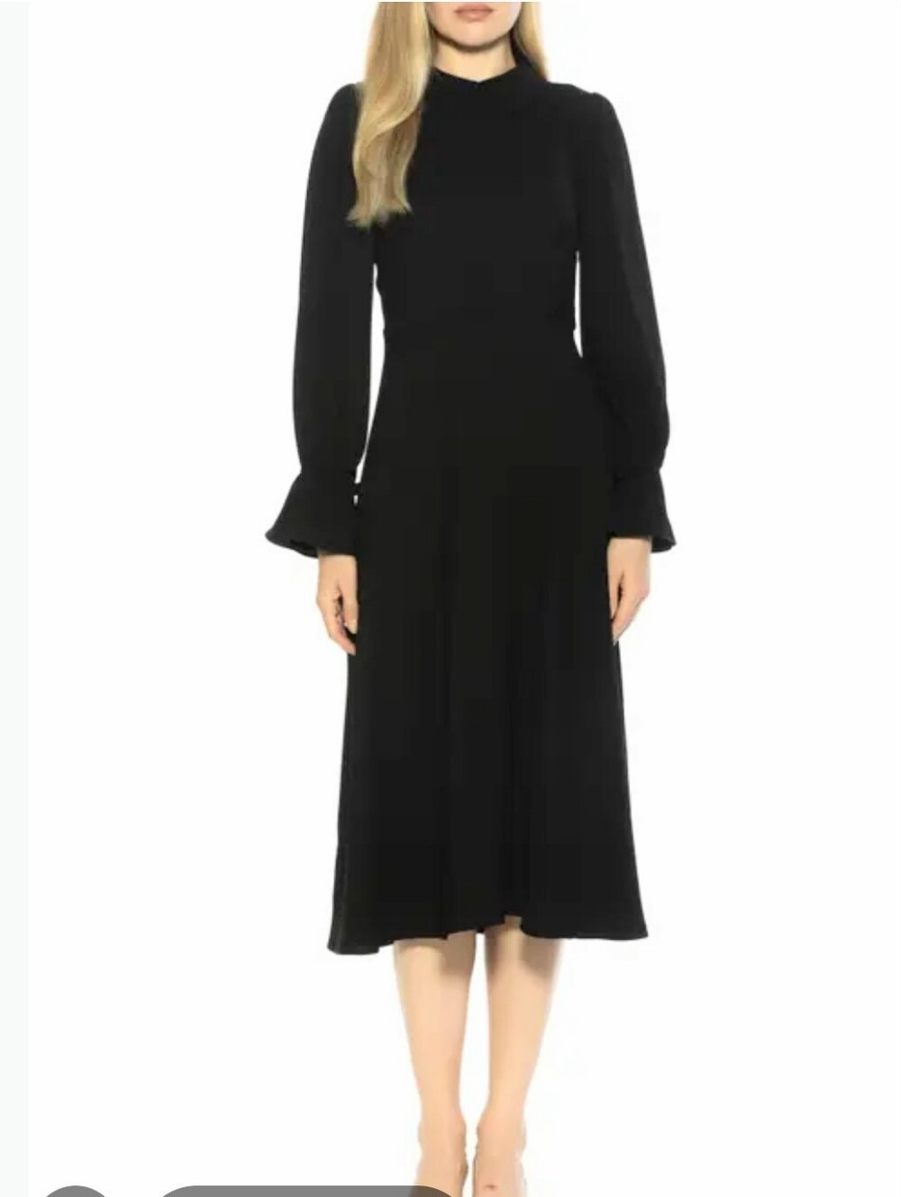 NWT LOFT Silky Black Long Ruffled-Sleeve A-line Midi Dress, Size 2 (runs big)
